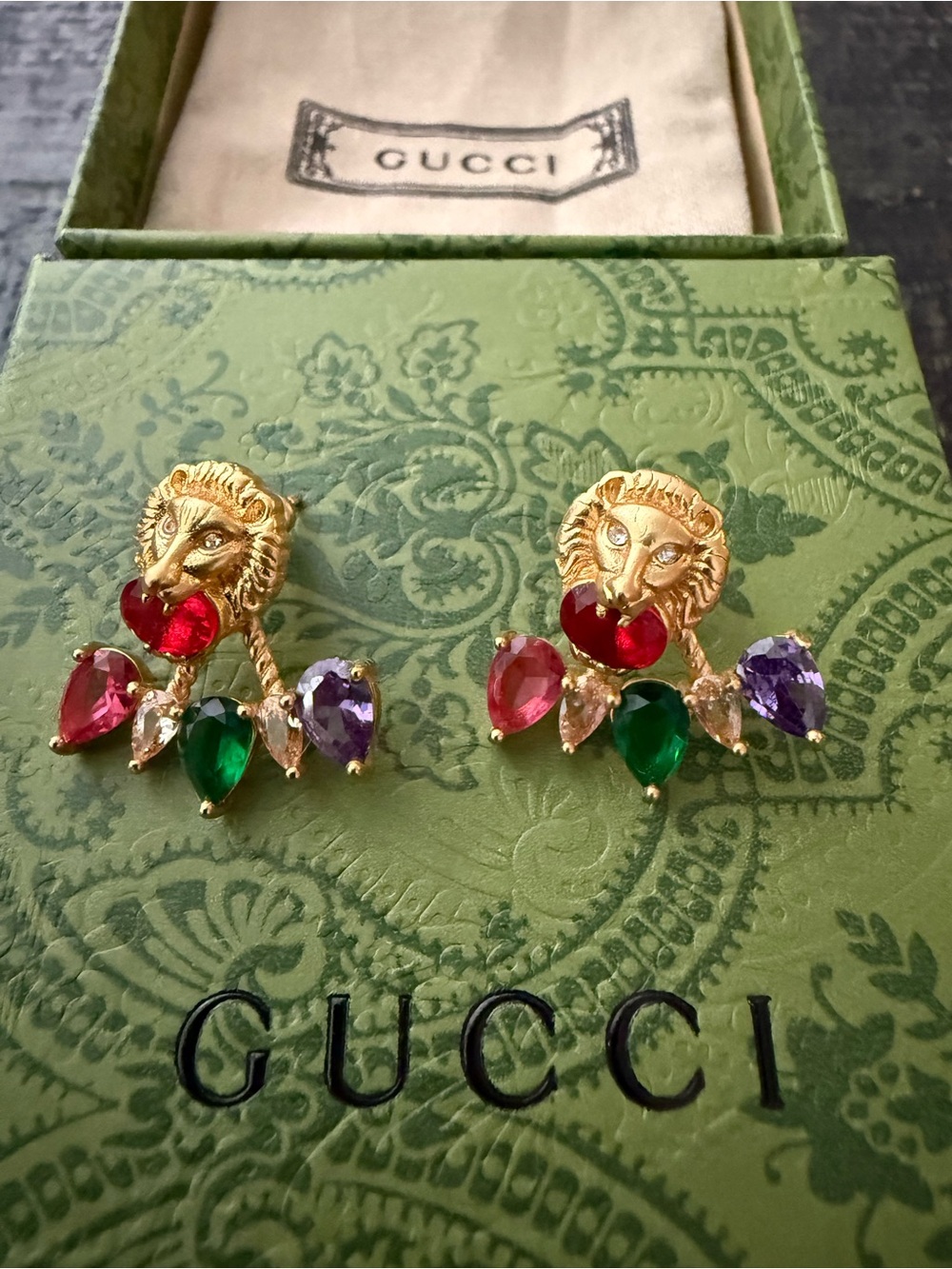 Gucci Gold Lion Head Earrings with Gems